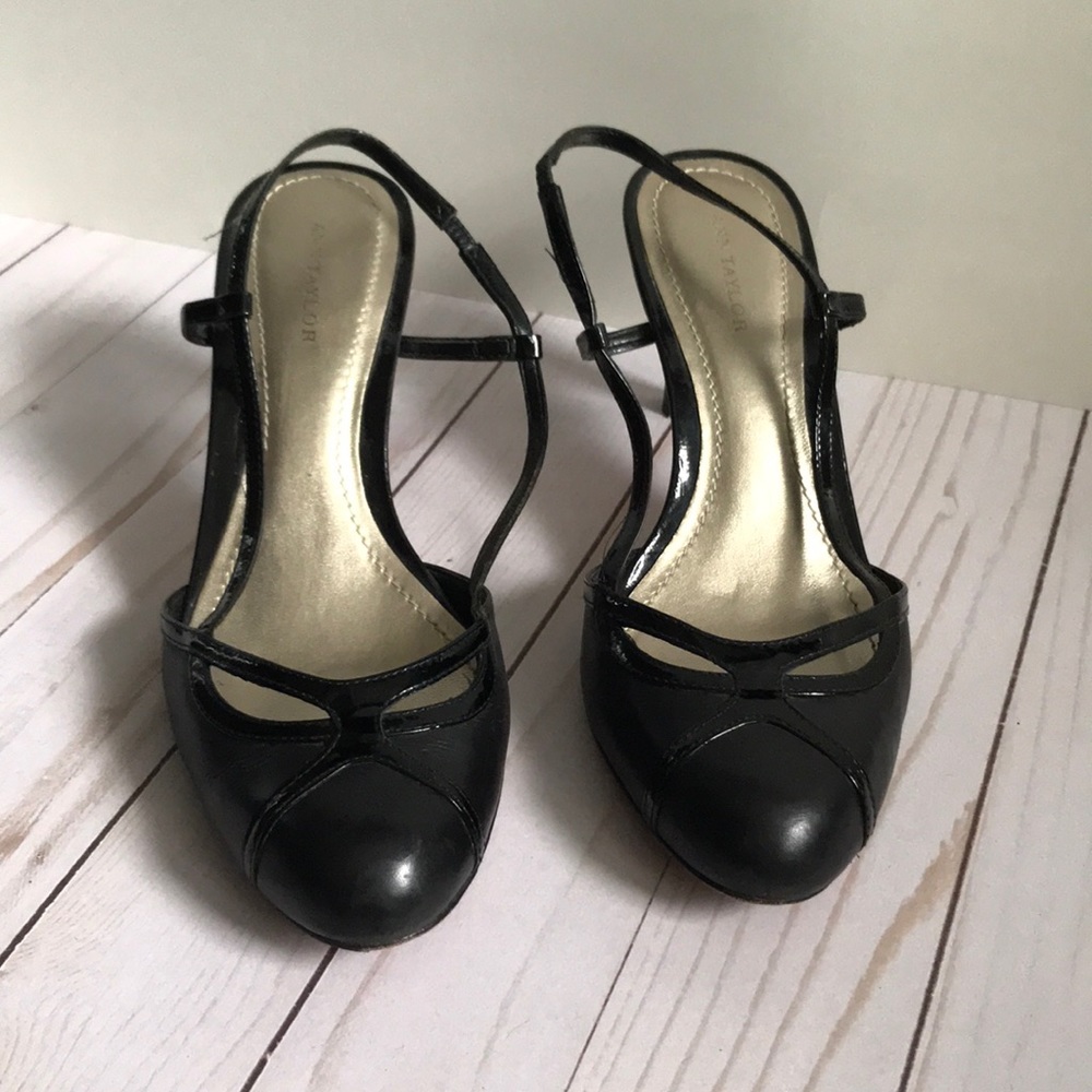 Ann Taylor Black Patent T-Strap Heels with Cutout Detail